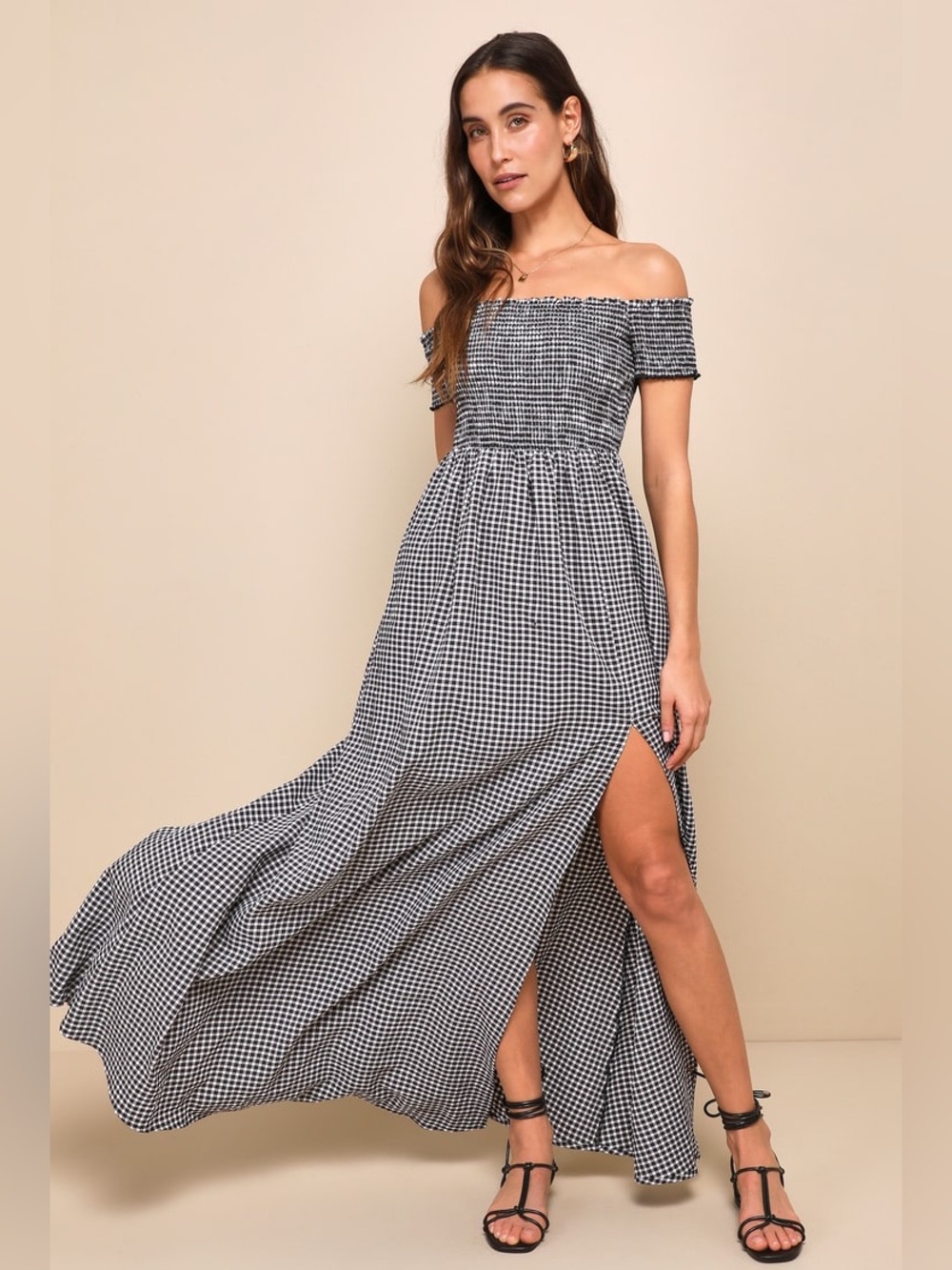NWT Lulus Patsy Black and White Gingham Off-the-Shoulder Dress Size Medium